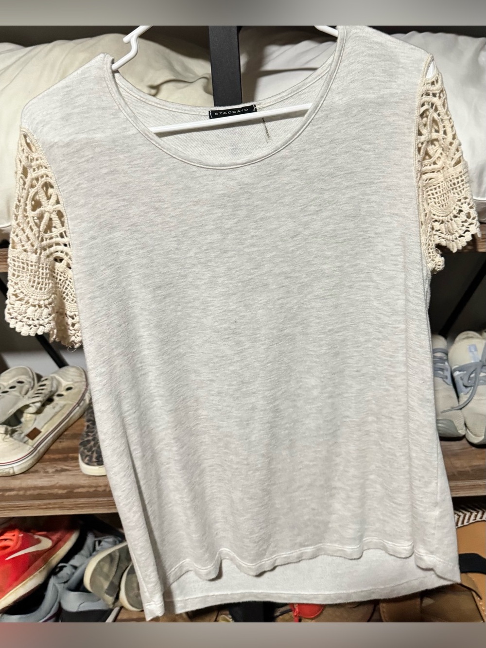 Staccato Cream Short Sleeve Top with Crochet Sleeves